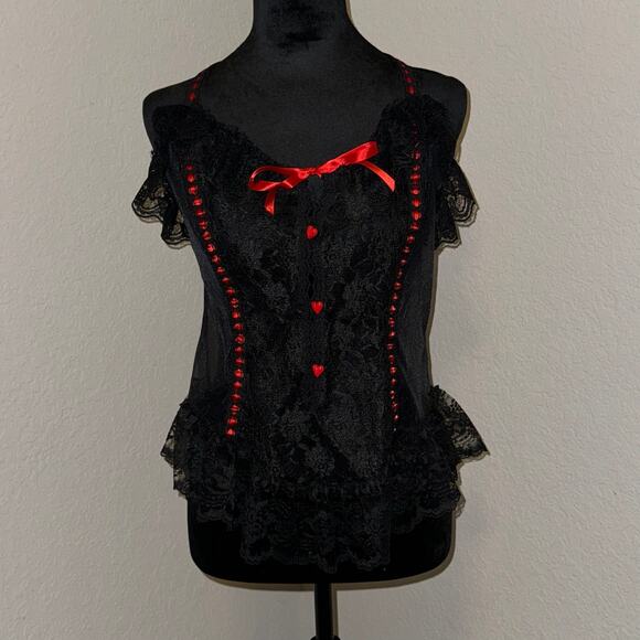 Vintage 1980s Duet Black Lace Red Heart Lingerie Cami Women's Plus 1x Victorian - Picture 2 of 6
